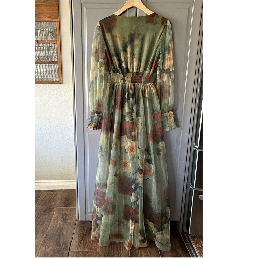 Baltic Born Layla Tulle Maxi Dress Women M Olive Rust NWT Floral Smocked V-Neck - Picture 4 of 15